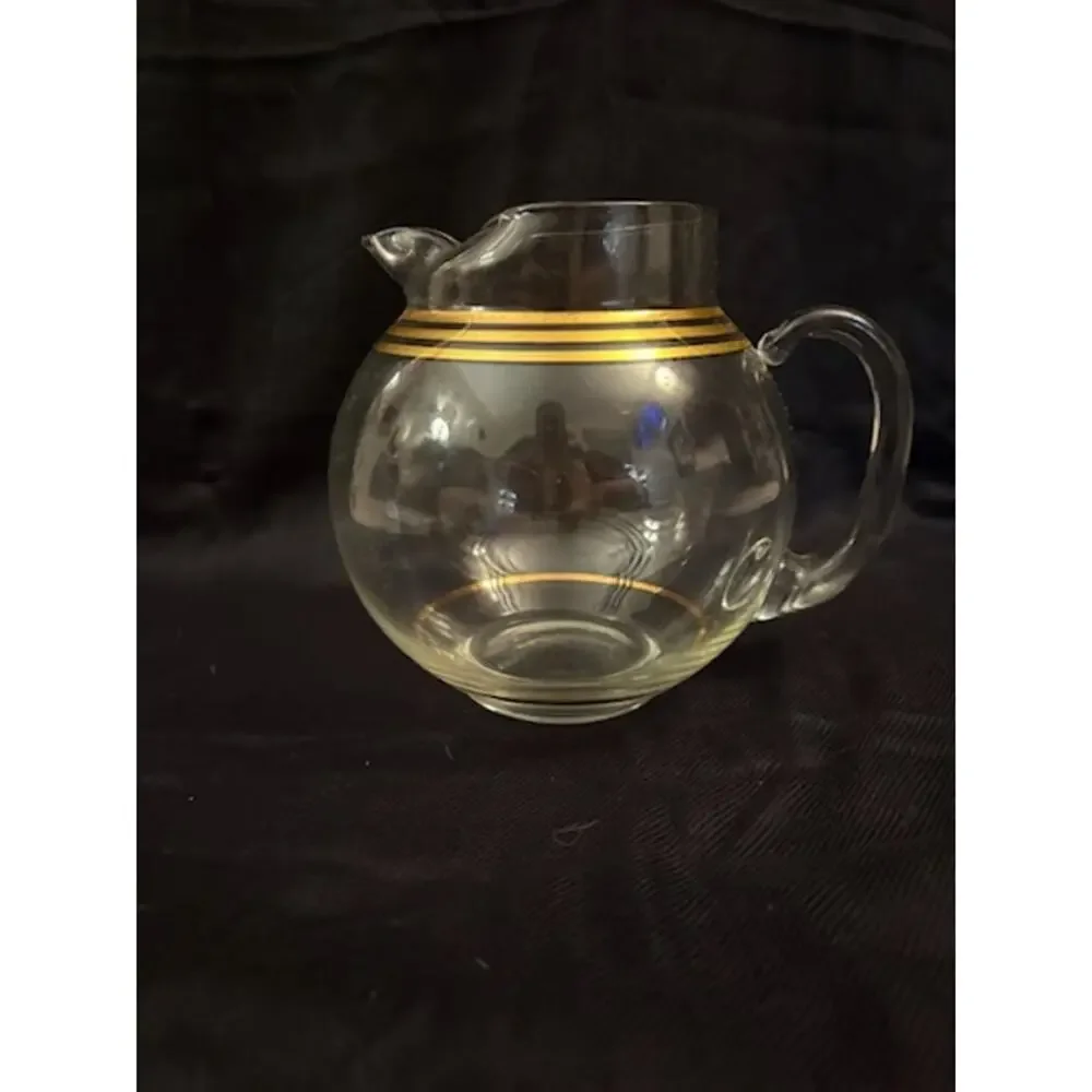 Art Deco Vintage Glass Pitcher with Gold Stripes Sovereign Pattern Round Barware